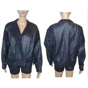 Vintage Womens Leather Jacket coat black jacquard collared H & D Biker